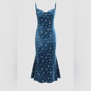 VELVET COWL NECK STAR PATTERN MERMAID MAXI DRESS
